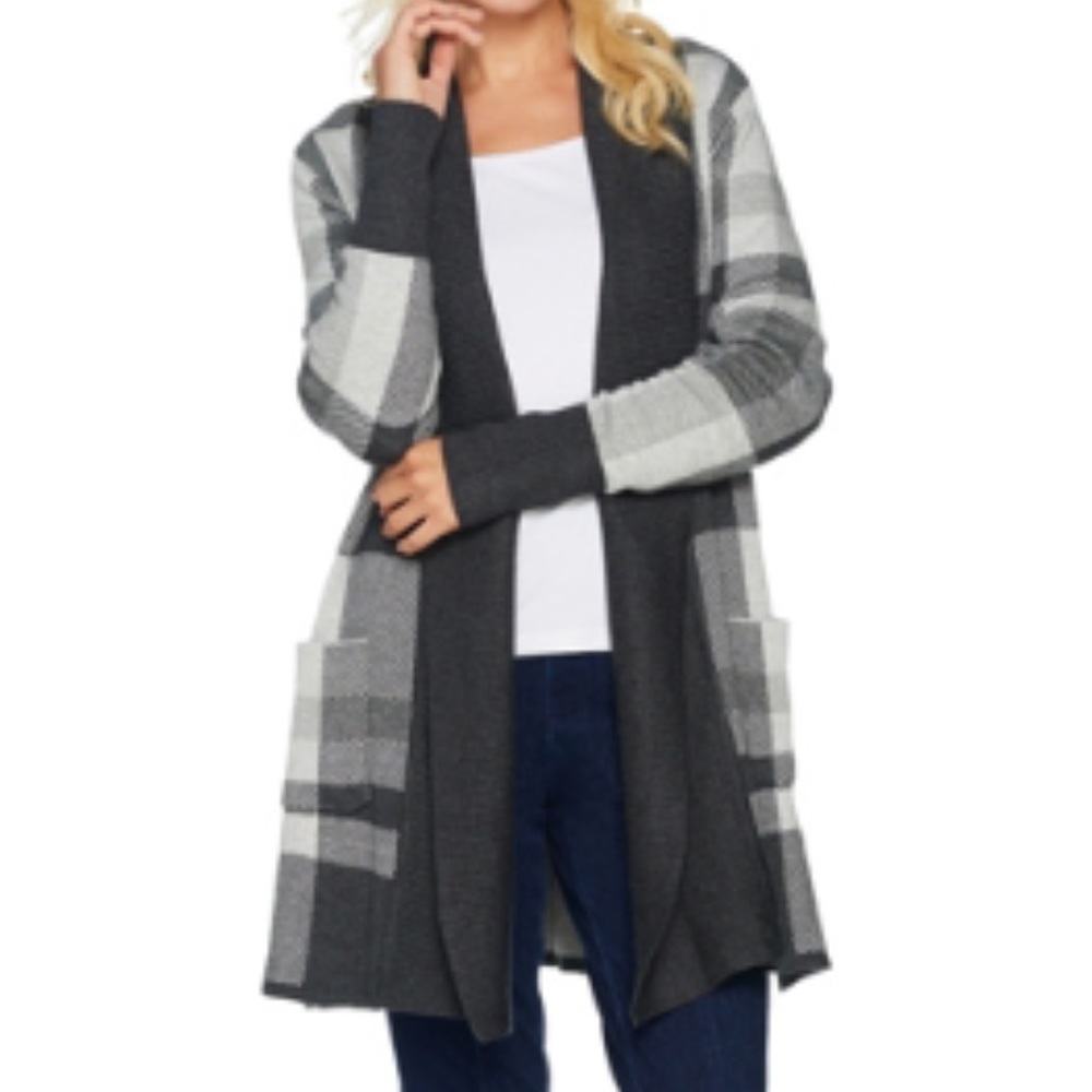 Isaac Mizrahi Plaid Open Front Cardigan